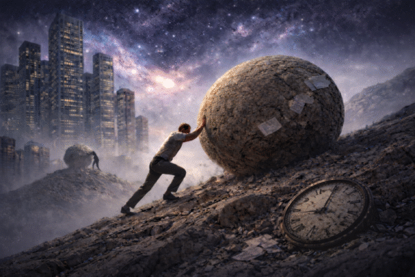 Exploramos o confronto entre a busca humana por sentido e o silêncio de um universo que não responde, um dilema formulado por Albert Camus, presente na literatura de Franz Kafka e simbolizado no mito de Sísifo, condenado a empurrar eternamente sua rocha montanha acima.